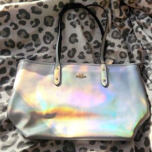 Gorgeous silver shiny metallic holographic rainbow coach bag